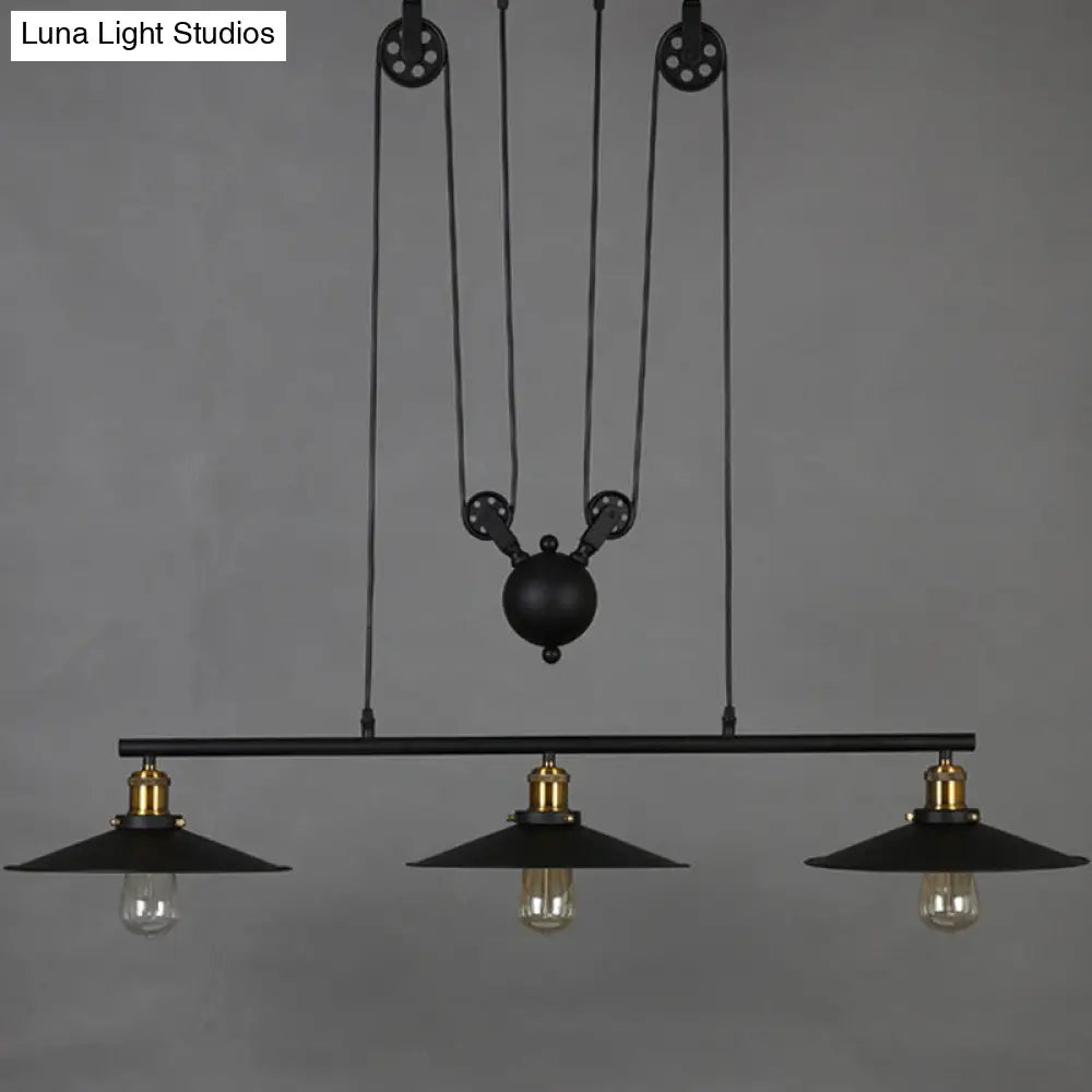DecorBites™ Rustic 3-Head Pendant Light with Black Flared Shade, Pulley and Metallic Finish - Perfect for Your Dining Room Island!