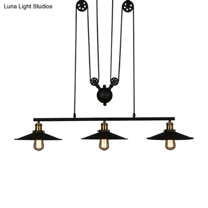 DecorBites™ Rustic 3-Head Pendant Light with Black Flared Shade, Pulley and Metallic Finish - Perfect for Your Dining Room Island!