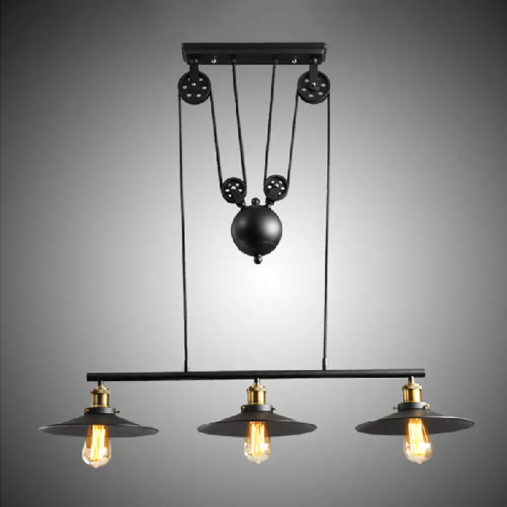 DecorBites™ Rustic 3-Head Pendant Light with Black Flared Shade, Pulley and Metallic Finish - Perfect for Your Dining Room Island!