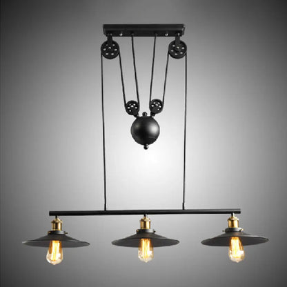 DecorBites™ Rustic 3-Head Pendant Light with Black Flared Shade, Pulley and Metallic Finish - Perfect for Your Dining Room Island!