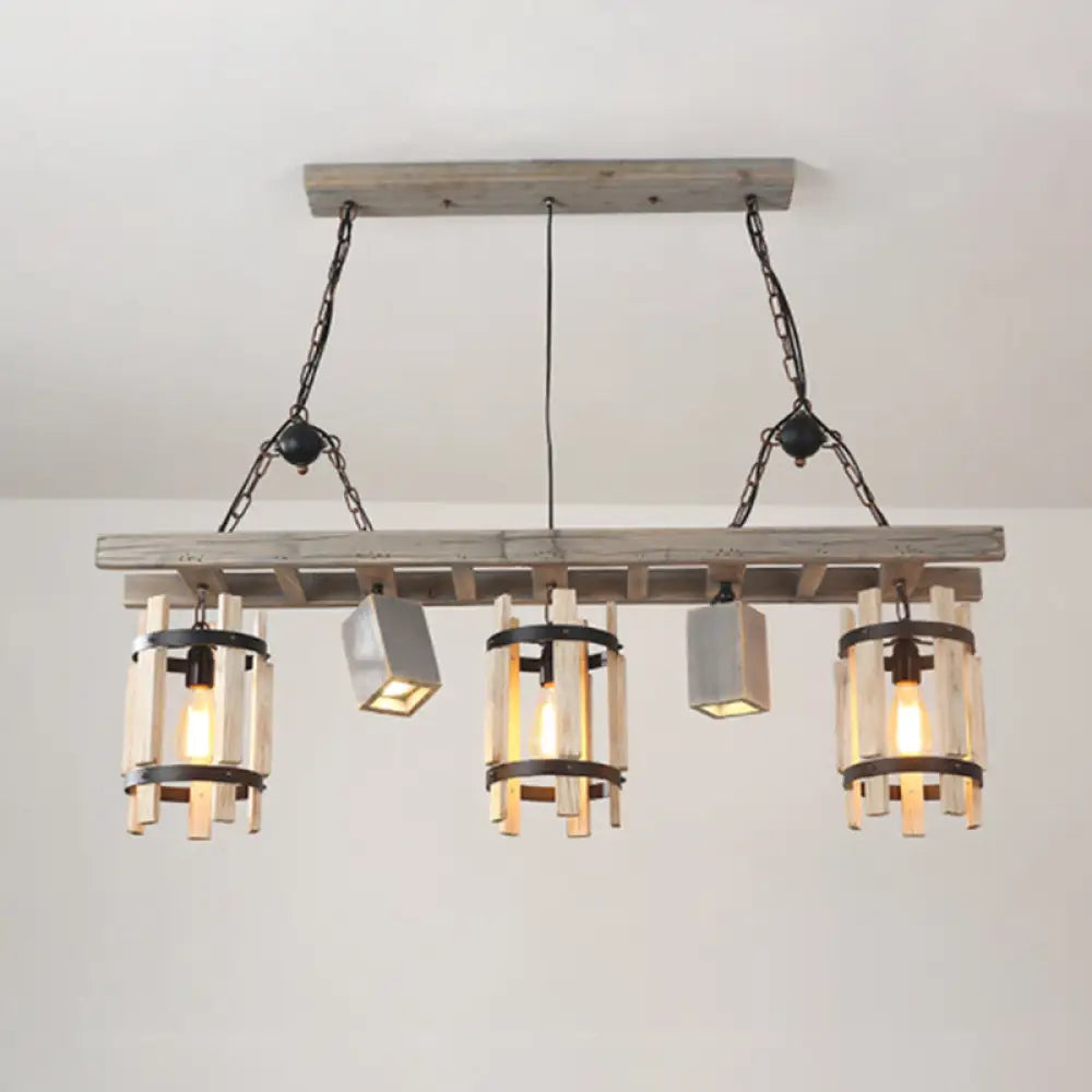 DecorBites™ Rustic 5-Light Farmhouse Pendant with Wood Cylinder Frame - Grey/Brown