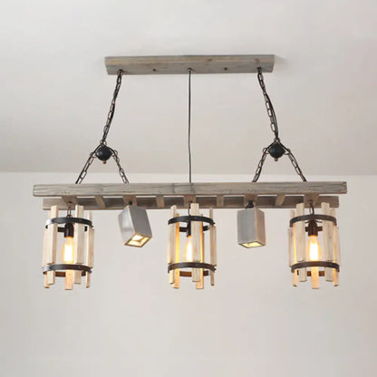 DecorBites™ Rustic 5-Light Farmhouse Pendant with Wood Cylinder Frame - Grey/Brown