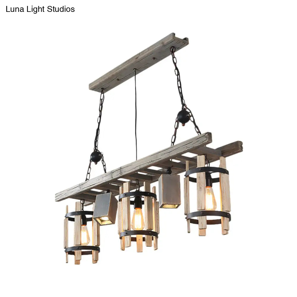 DecorBites™ Rustic 5-Light Farmhouse Pendant with Wood Cylinder Frame - Grey/Brown