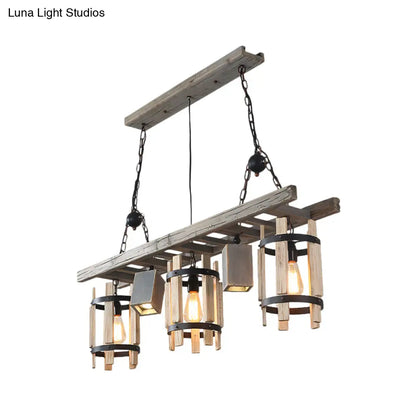 DecorBites™ Rustic 5-Light Farmhouse Pendant with Wood Cylinder Frame - Grey/Brown