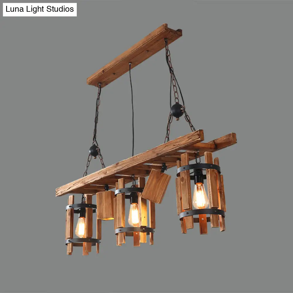 DecorBites™ Rustic 5-Light Farmhouse Pendant with Wood Cylinder Frame - Grey/Brown