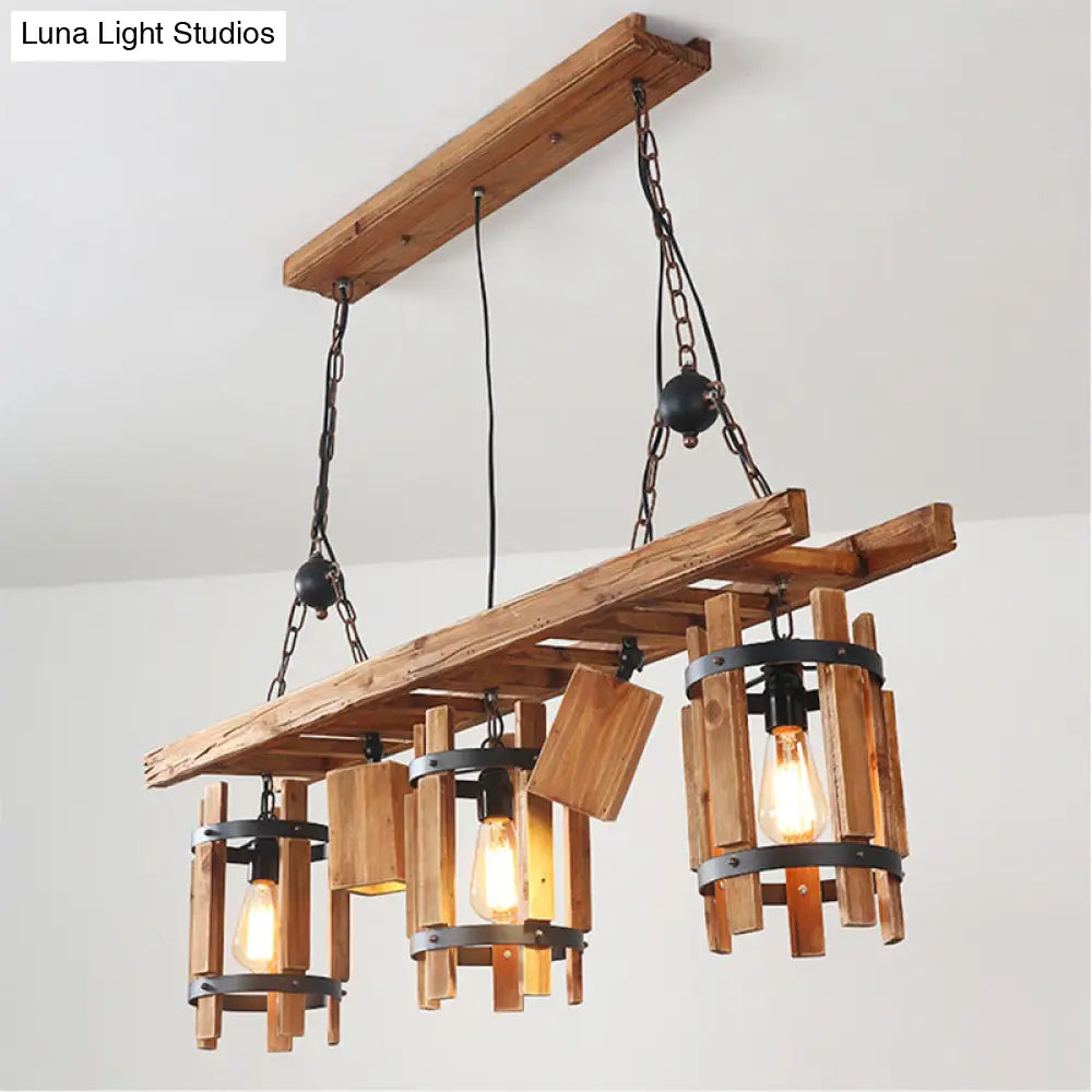 DecorBites™ Rustic 5-Light Farmhouse Pendant with Wood Cylinder Frame - Grey/Brown