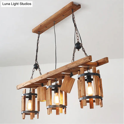 DecorBites™ Rustic 5-Light Farmhouse Pendant with Wood Cylinder Frame - Grey/Brown