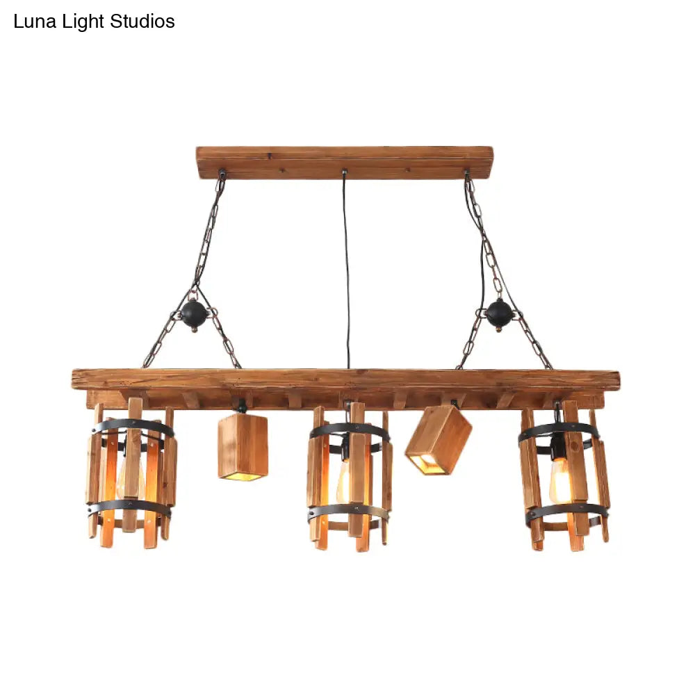 DecorBites™ Rustic 5-Light Farmhouse Pendant with Wood Cylinder Frame - Grey/Brown