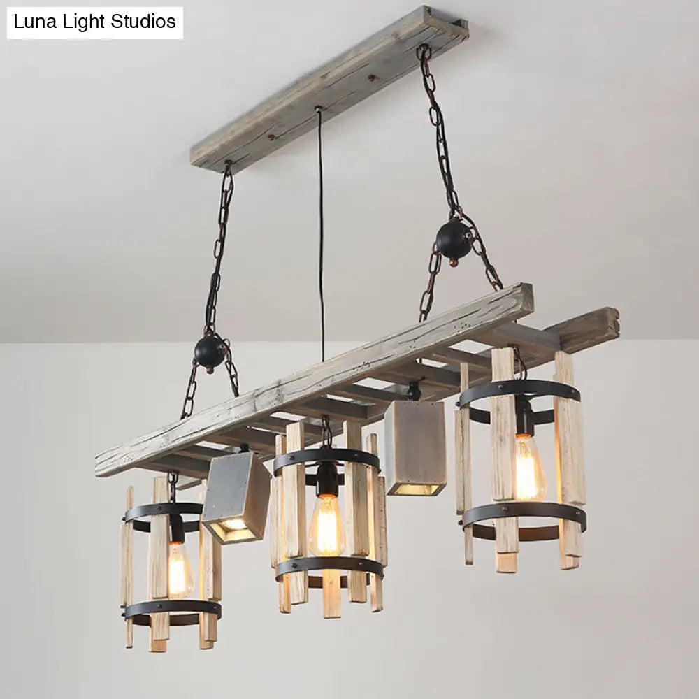 DecorBites™ Rustic 5-Light Farmhouse Pendant with Wood Cylinder Frame - Grey/Brown