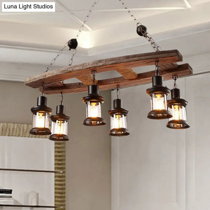 DecorBites™ Rustic 6-Light Pendant Lantern: Clear Glass & Black, with Wooden Board