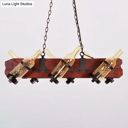 Rustic amber glass island lamp with brown wood arm dining room light