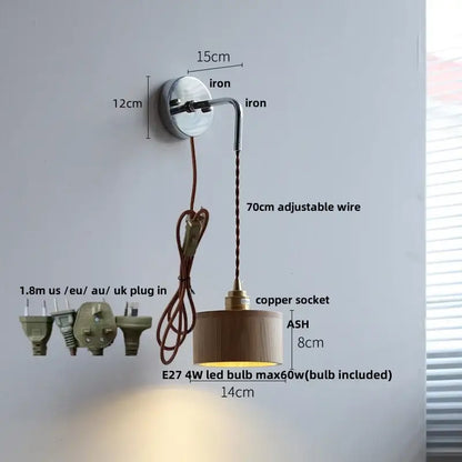 Rustic ash wood led wall light with pull chain – bedroom lamp