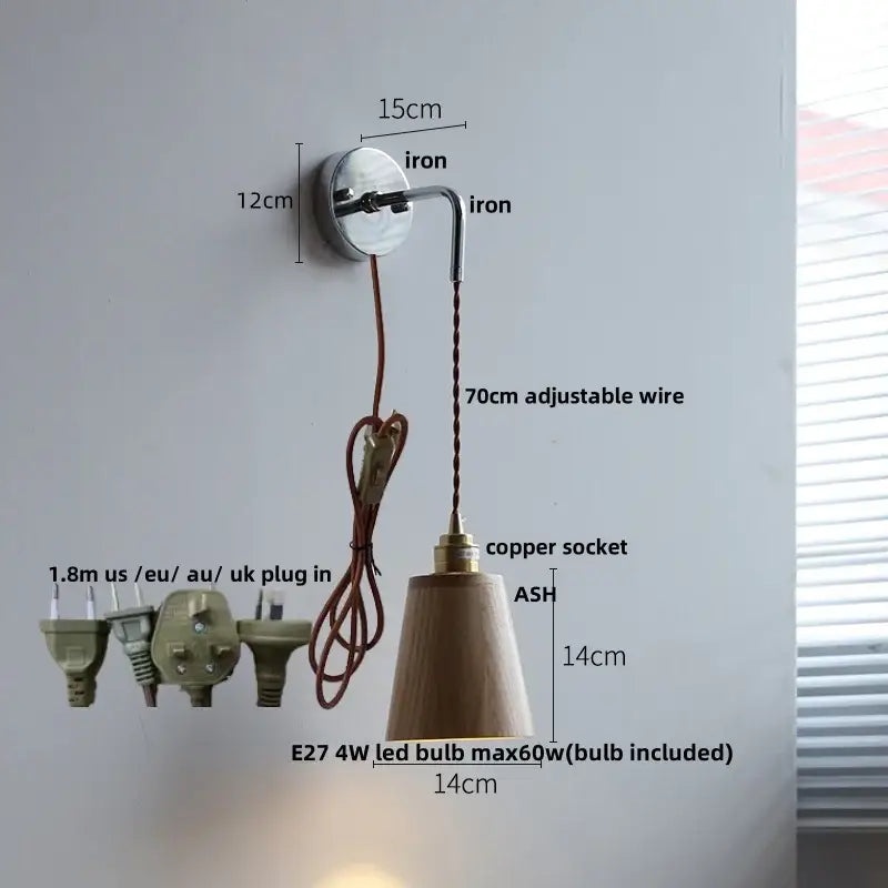 Rustic ash wood led wall light with pull chain – bedroom lamp