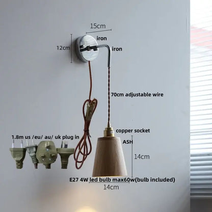 Rustic ash wood led wall light with pull chain – bedroom lamp