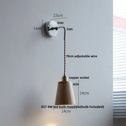 Rustic ash wood led wall light with pull chain – bedroom lamp