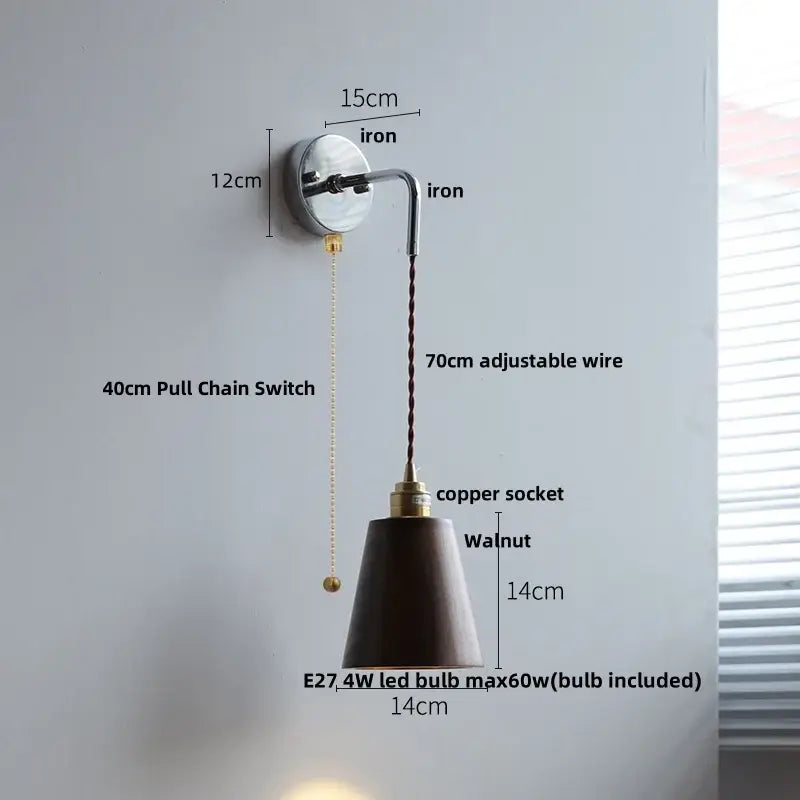 Rustic ash wood led wall light with pull chain – bedroom lamp