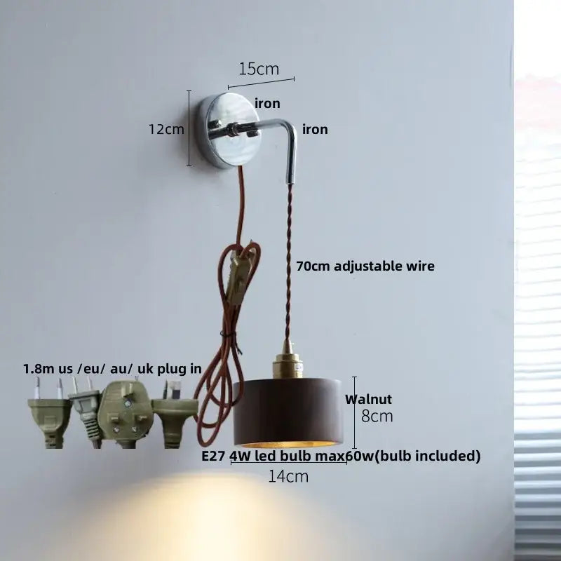 Rustic ash wood led wall light with pull chain – bedroom lamp