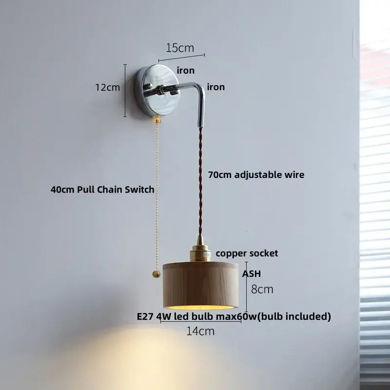 Rustic ash wood led wall light with pull chain – bedroom lamp