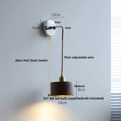 Rustic ash wood led wall light with pull chain – bedroom lamp