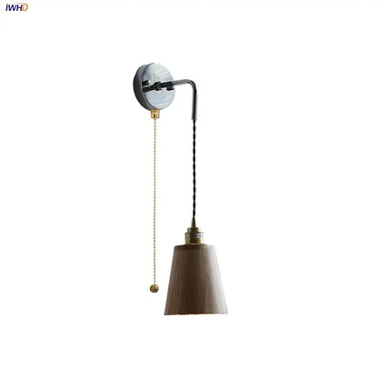 Rustic ash wood led wall light with pull chain – bedroom lamp