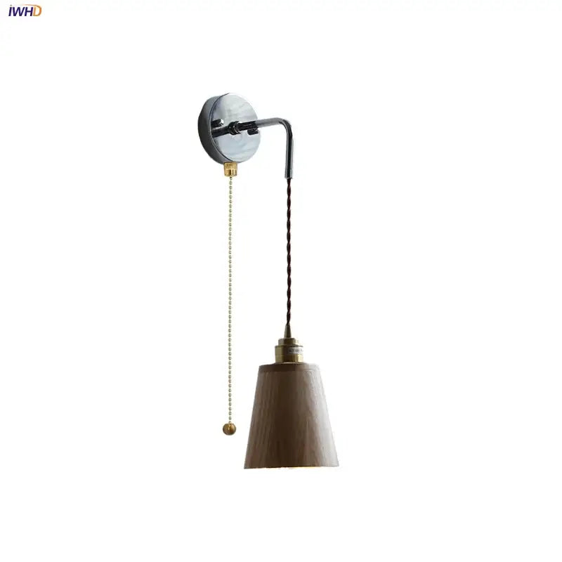 Rustic ash wood led wall light with pull chain – bedroom lamp