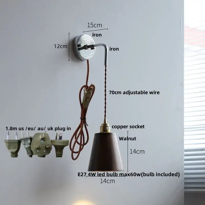 Rustic ash wood led wall light with pull chain – bedroom lamp