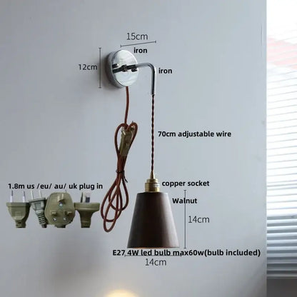 Rustic ash wood led wall light with pull chain – bedroom lamp