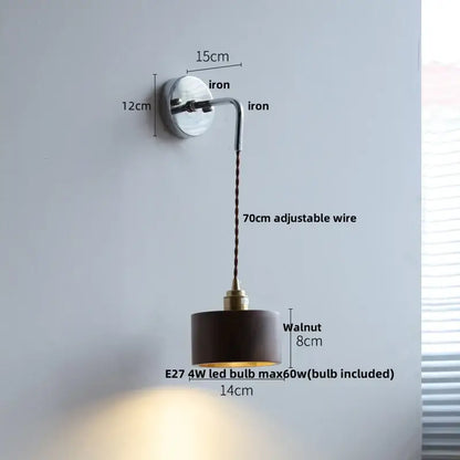 Rustic ash wood led wall light with pull chain – bedroom lamp