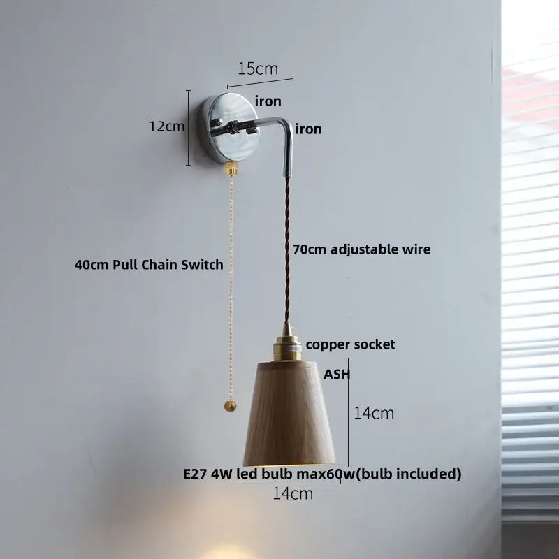 Rustic ash wood led wall light with pull chain – bedroom lamp