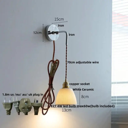 Rustic ash wood led wall light with pull chain – bedroom lamp