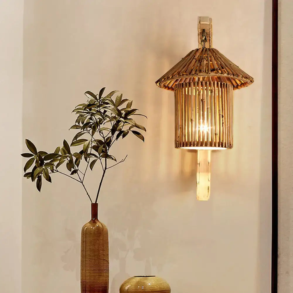 Rustic bamboo cylinder house sconce light fixture bedroom wall lamp