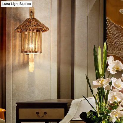 Rustic bamboo cylinder house sconce light fixture bedroom wall lamp