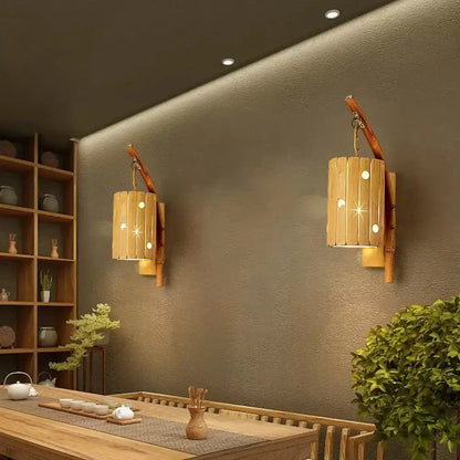 Rustic bamboo cylinder house sconce light fixture bedroom wall lamp