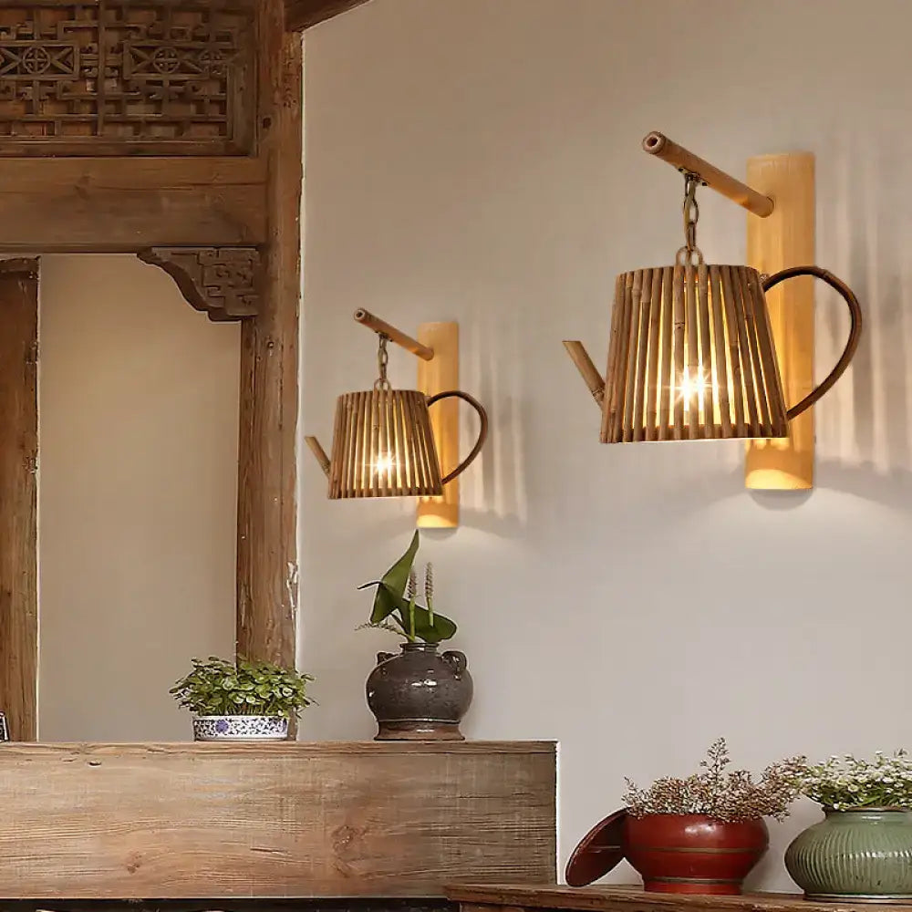 Rustic bamboo cylinder house sconce light fixture bedroom wall lamp