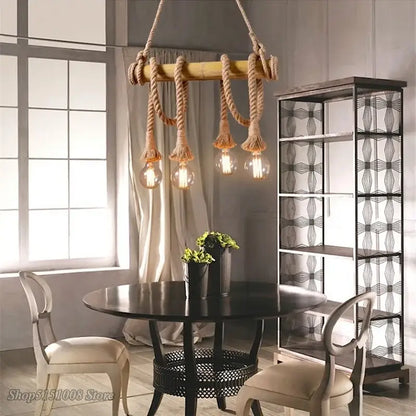 Rustic bamboo hemp rope pendant lights kitchen chandelier