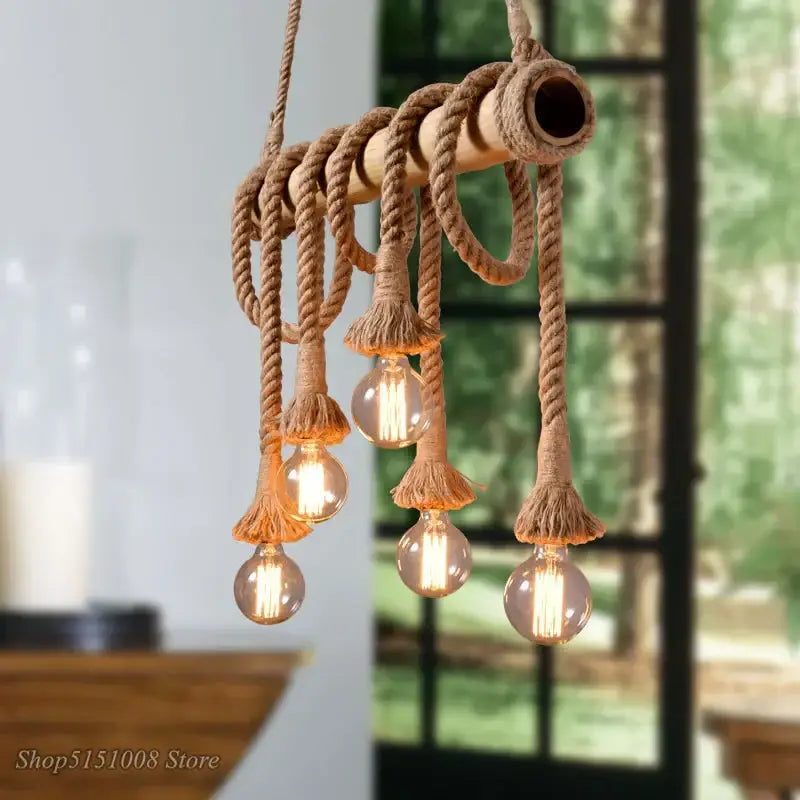 Rustic bamboo hemp rope pendant lights kitchen chandelier