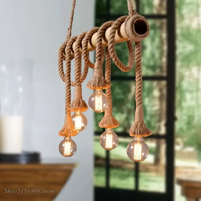 Rustic bamboo hemp rope pendant lights kitchen chandelier