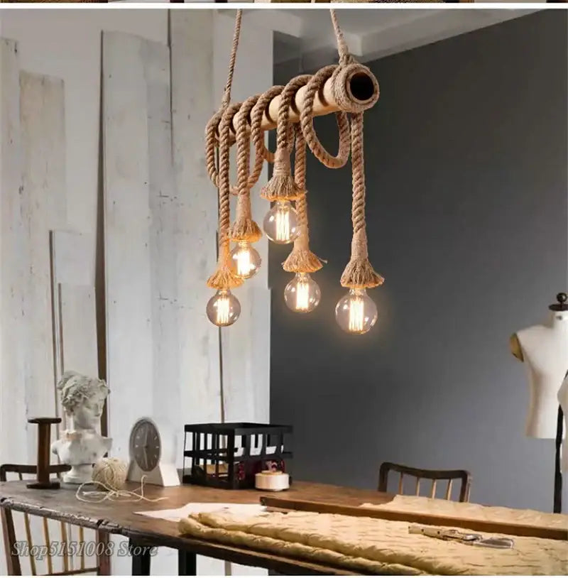 Rustic bamboo hemp rope pendant lights kitchen chandelier