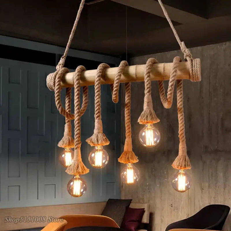 Rustic bamboo hemp rope pendant lights kitchen chandelier