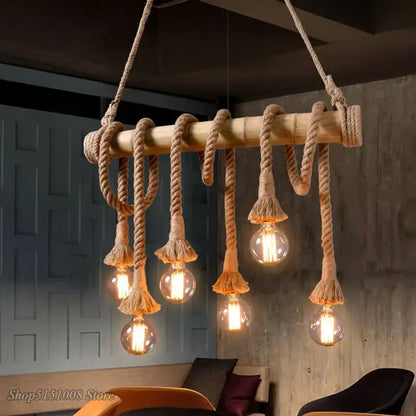 Rustic bamboo hemp rope pendant lights kitchen chandelier