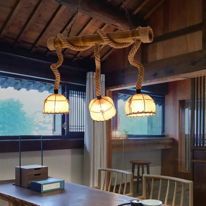 Rustic bamboo island pendant light with hemp rope dining room shades