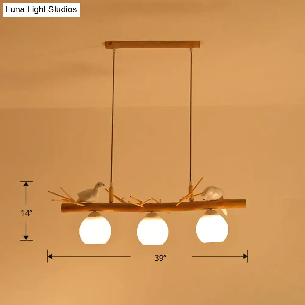 Rustic bamboo & white glass dome island light fixture dining room white bird deco