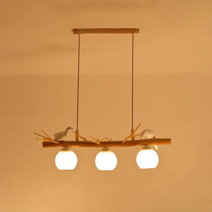Rustic bamboo & white glass dome island light fixture dining room white bird deco