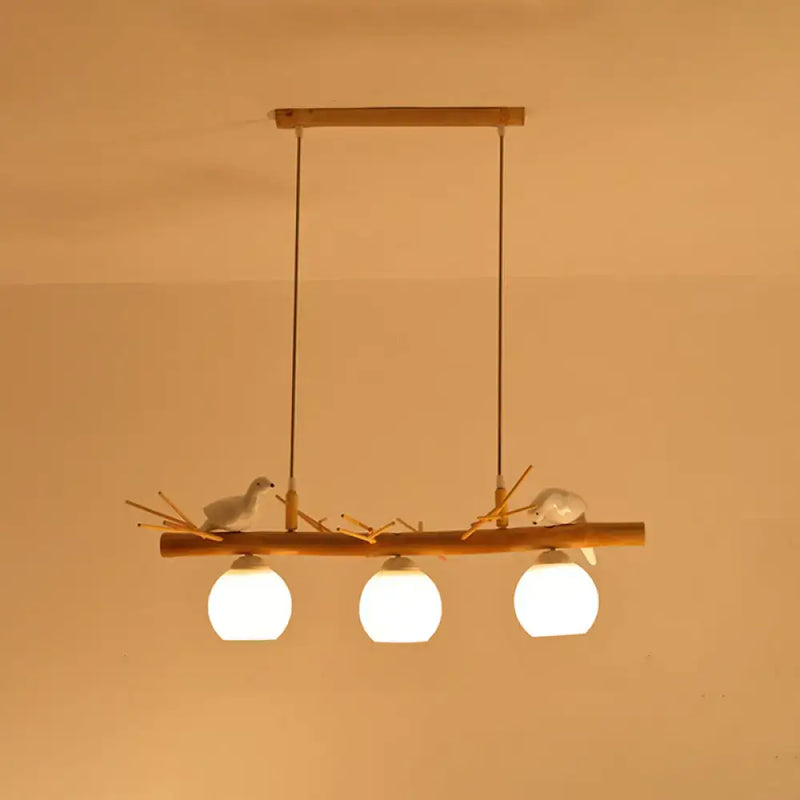 Rustic bamboo & white glass dome island light fixture dining room white bird deco