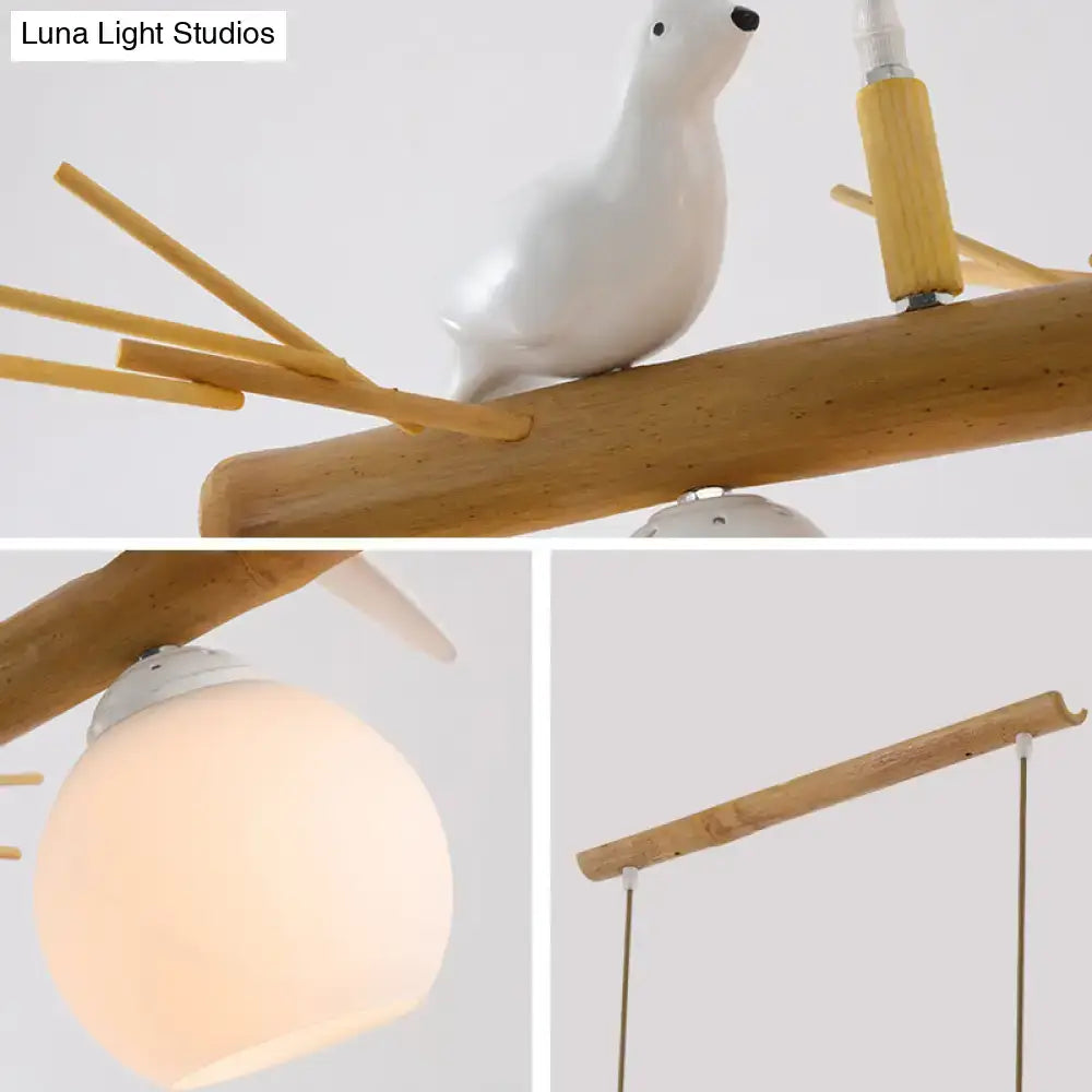 Rustic bamboo & white glass dome island light fixture dining room white bird deco