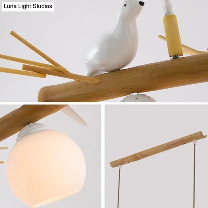 Rustic bamboo & white glass dome island light fixture dining room white bird deco