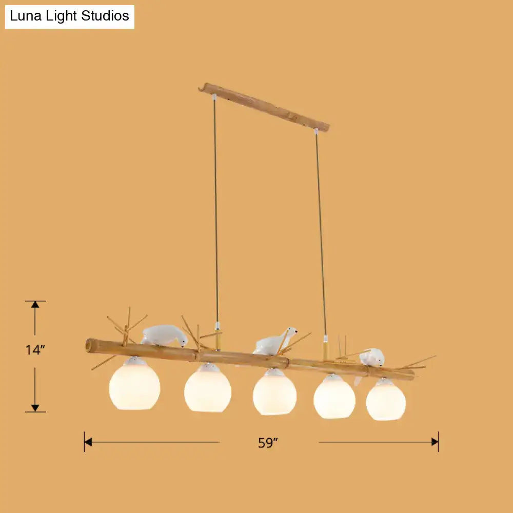 Rustic bamboo & white glass dome island light fixture dining room white bird deco
