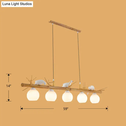 Rustic bamboo & white glass dome island light fixture dining room white bird deco