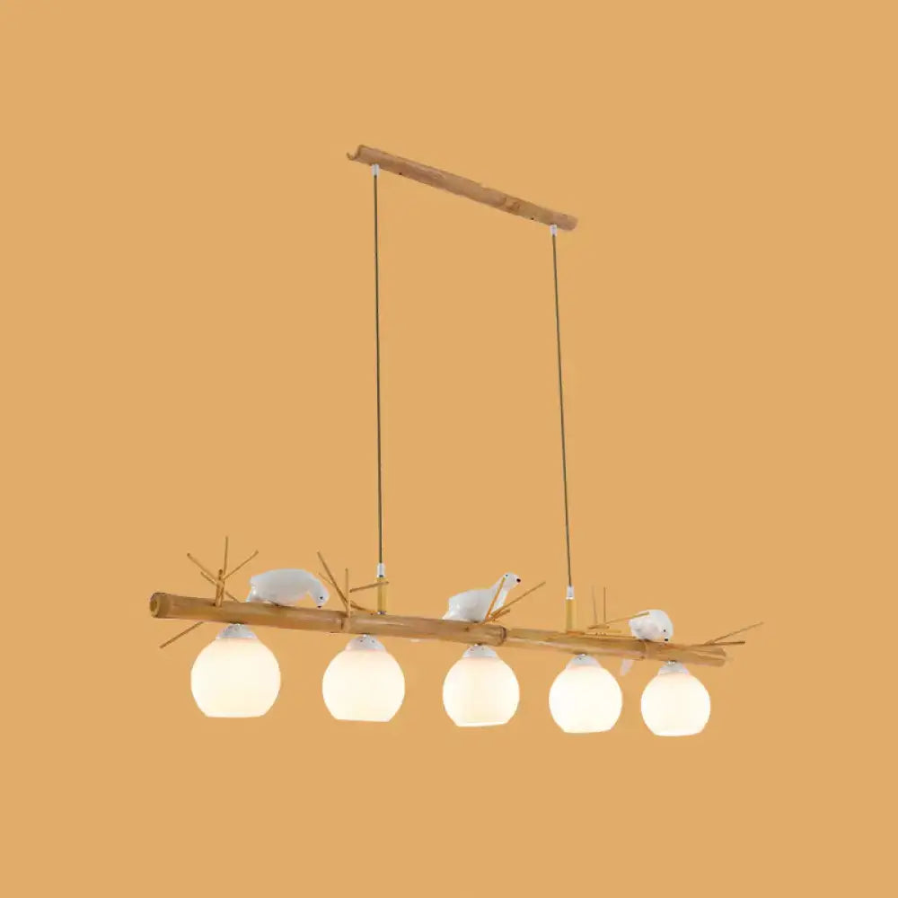 Rustic bamboo & white glass dome island light fixture dining room white bird deco