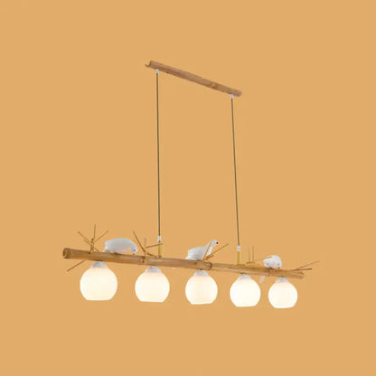 Rustic bamboo & white glass dome island light fixture dining room white bird deco